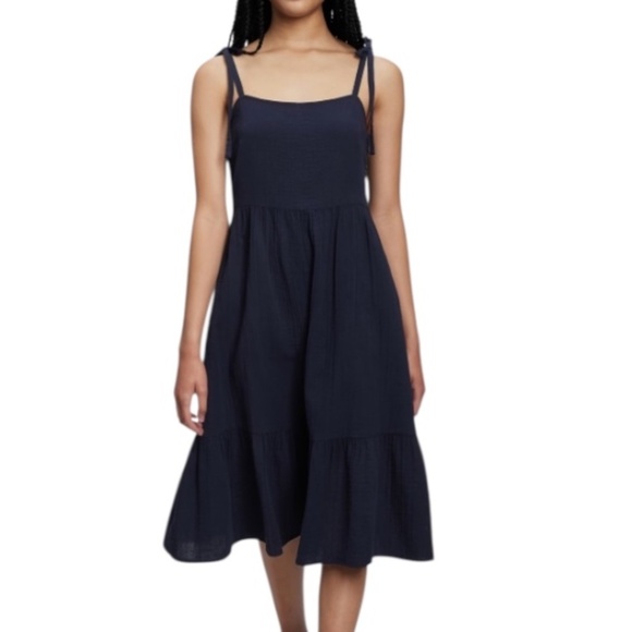 GAP 100% cotton crinkle tie shoulder navy blue ruffle hem midi dress XL - Picture 1 of 15